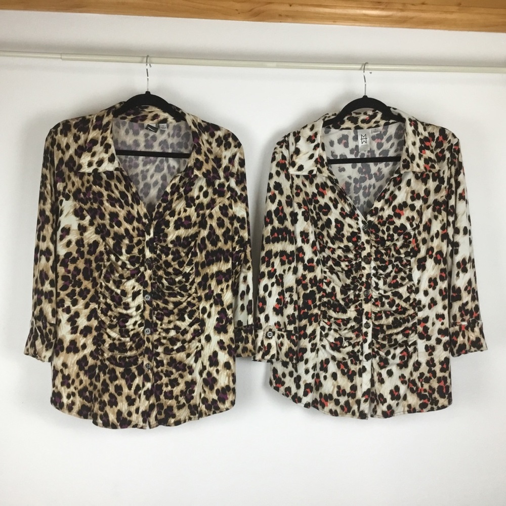 Bundle 2 Cheetah Print Button Up Blouses size 1X Desk To Dinner
